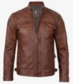 Men's Cognac Leather Café Racer Jacket - Quilted Shoulder