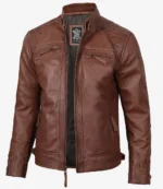Men's Cognac Leather Café Racer Jacket - Quilted Shoulder - Image 3